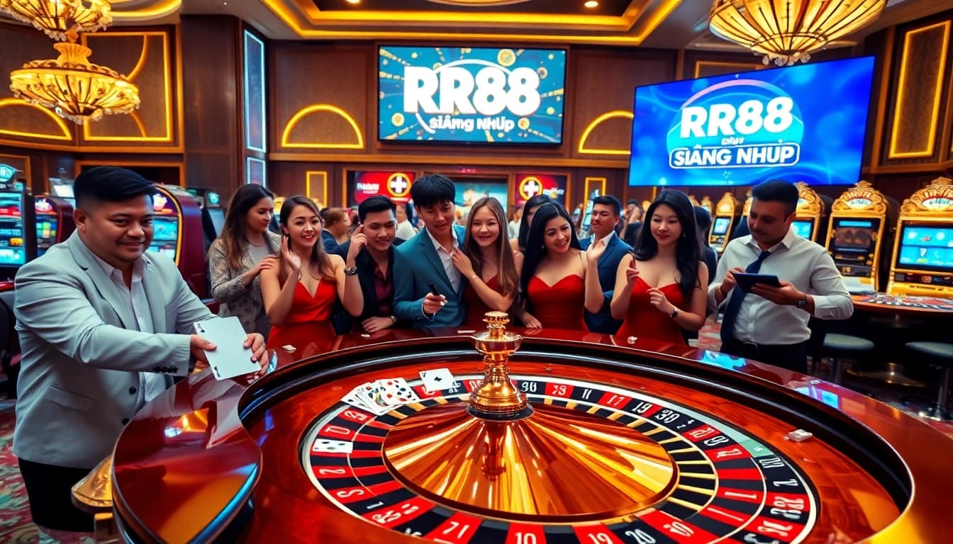 Experience the thrill of gaming with RR88 Đăng Nhập at a luxurious casino scene featuring roulette and slot machines.