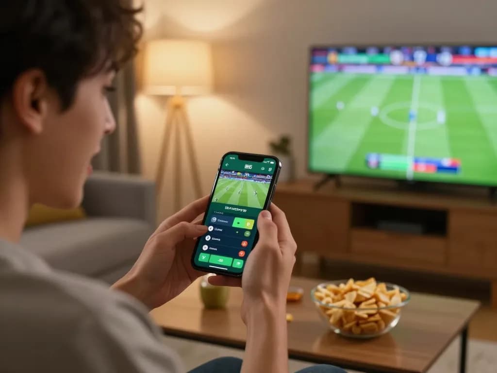Person engaged in live betting on USBET app during a football game, showcasing excitement and modern gaming setup.