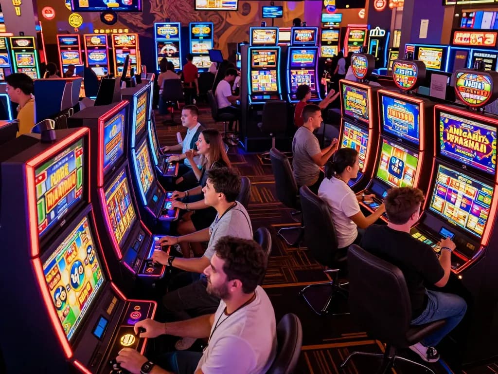 Experience the excitement of slot 10k machines with vibrant gaming lights and engaged players.