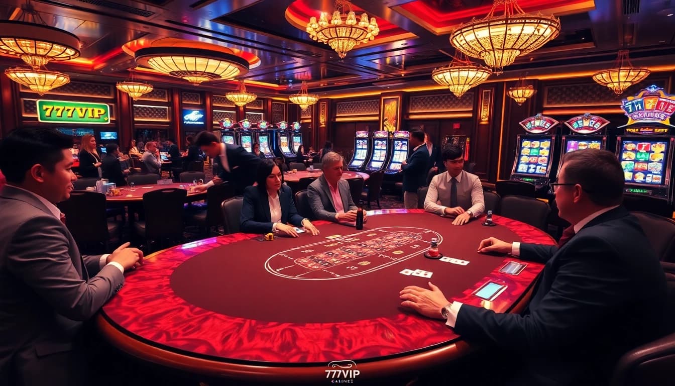 Players enjoying card games and roulette at 777VIP's luxurious casino atmosphere.
