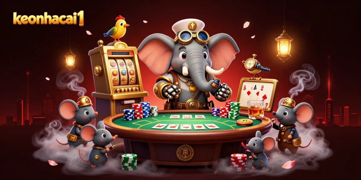 Watch the steampunk elephant engineer operate the keonhacai1 slot machine in this vibrant casino scene.