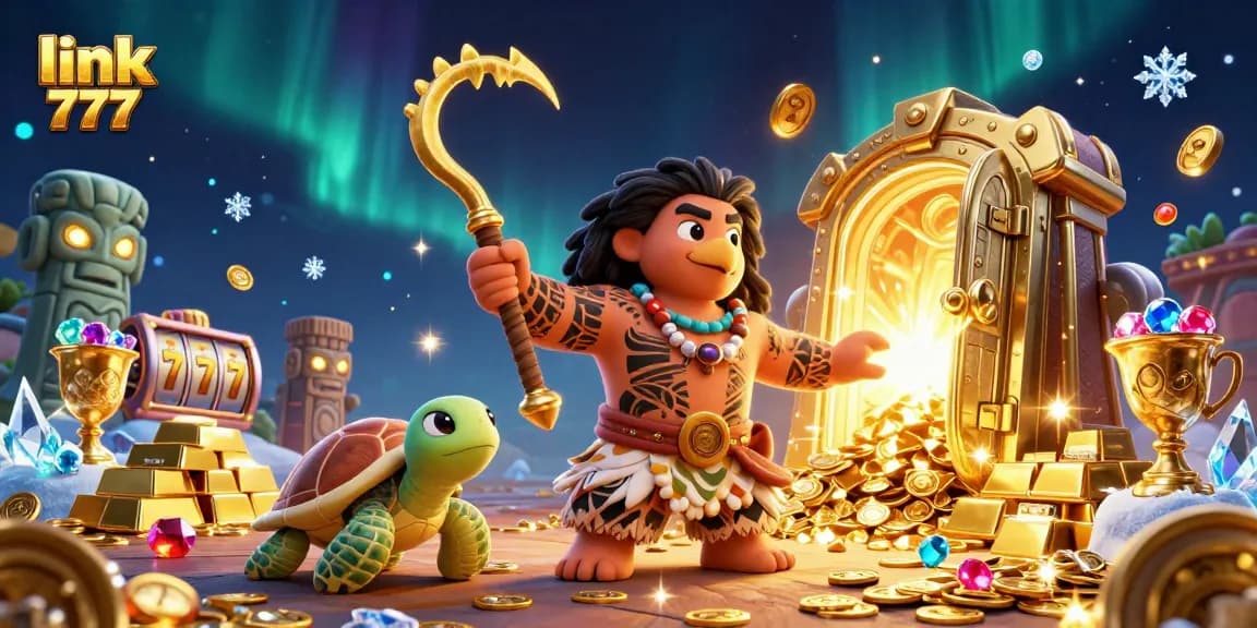 Experience the excitement of link slot 777 with our vibrant 3D casino illustration featuring lucky symbols and treasure.