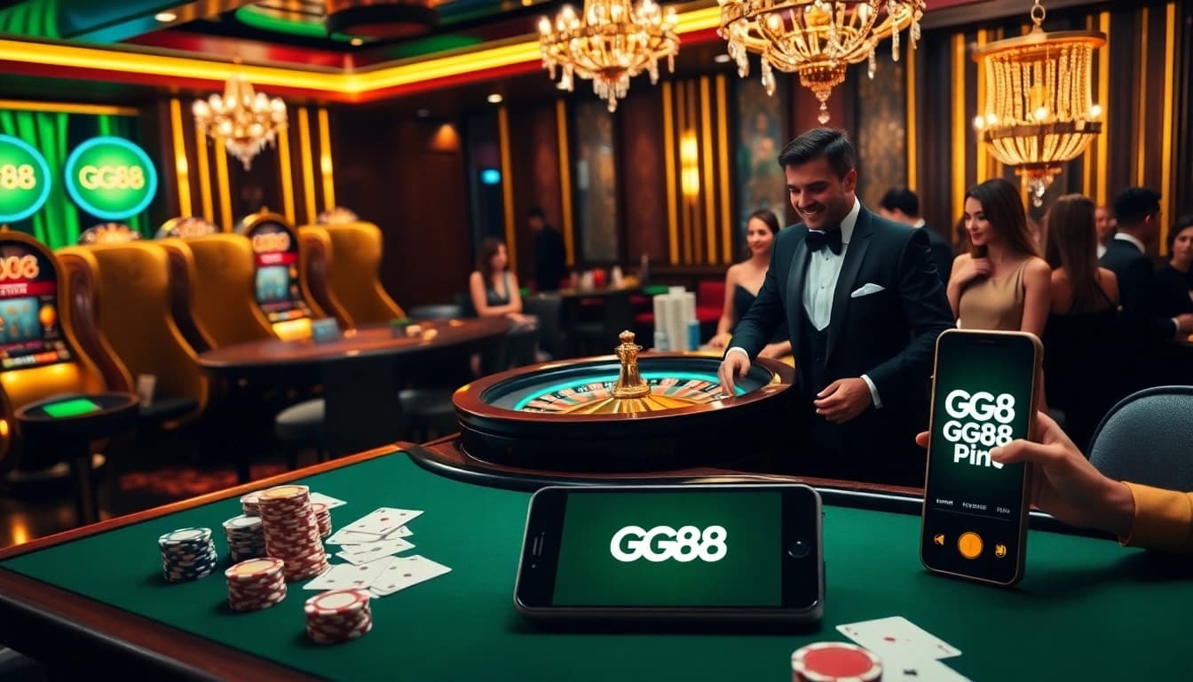 Engaging scene of Nhà cái GG88 at a vibrant casino table with poker chips and slot machines.