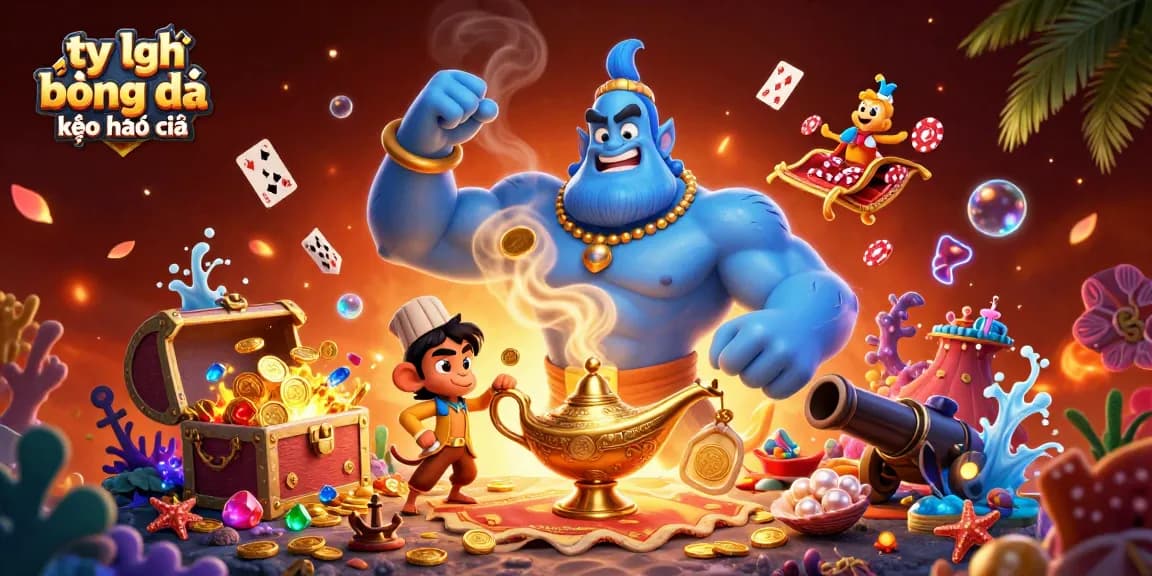 Engage with tỷ lệ bóng đá kèo nhà cái in this vibrant 3D illustration depicting a genie with poker chips.