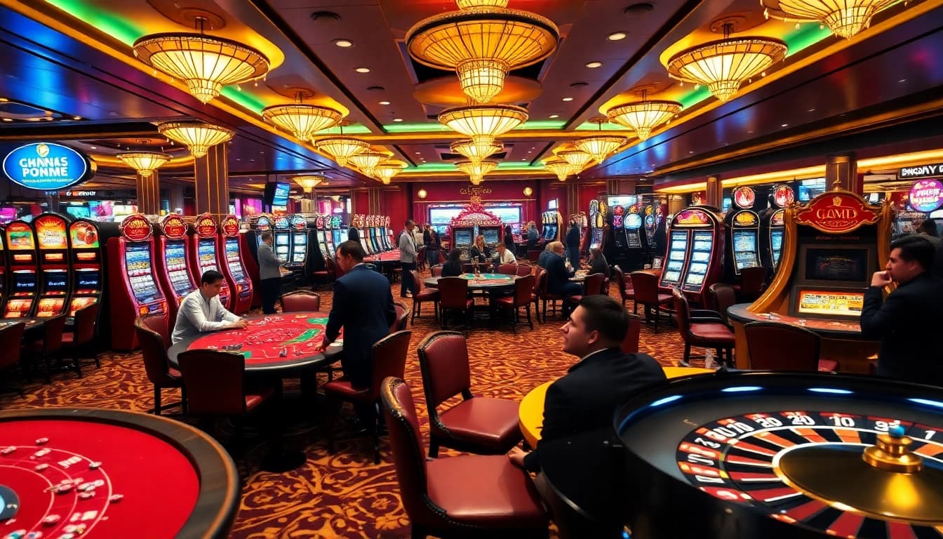 Exciting gaming scene at nhà cái nova88 with poker tables, slot machines, and roulette.