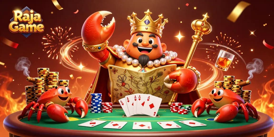 Players engage in thrilling Raja Game activities with animated crab emperor and poker elements in vibrant casino scene.