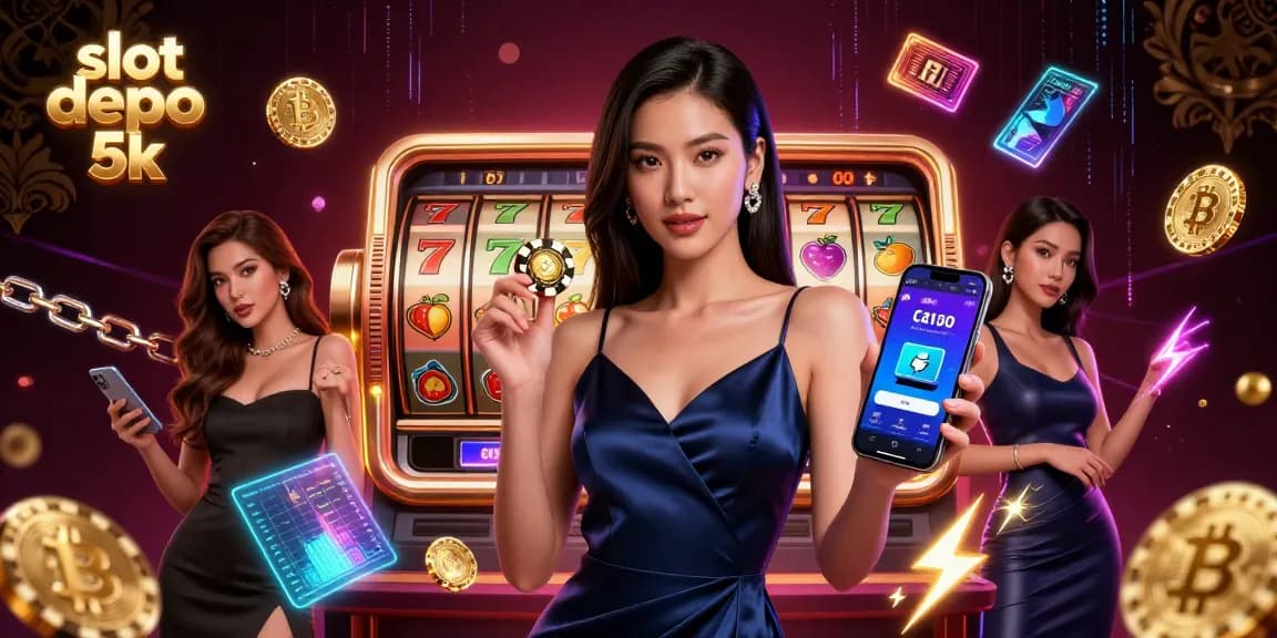 Play exciting games with slot depo 5k, featuring bright slot reels and casino elements.