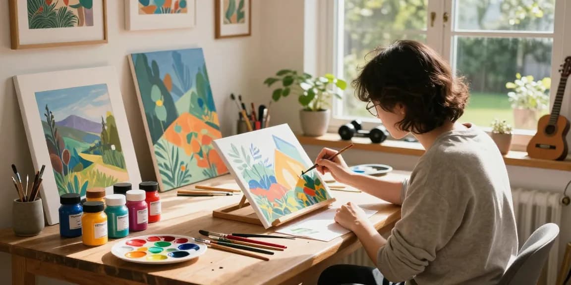 Individual painting a colorful paint by number canvas in a bright art studio with natural light.