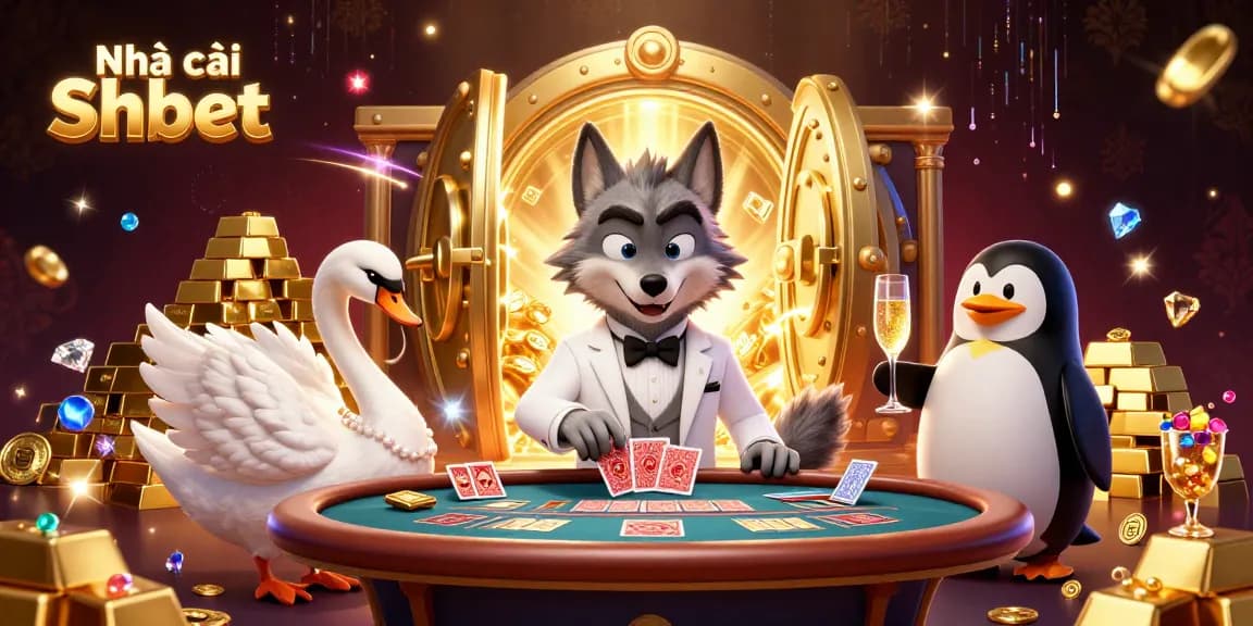 Experience excitement at Nhà cái Shbet with animated characters and treasures in a vibrant casino scene.