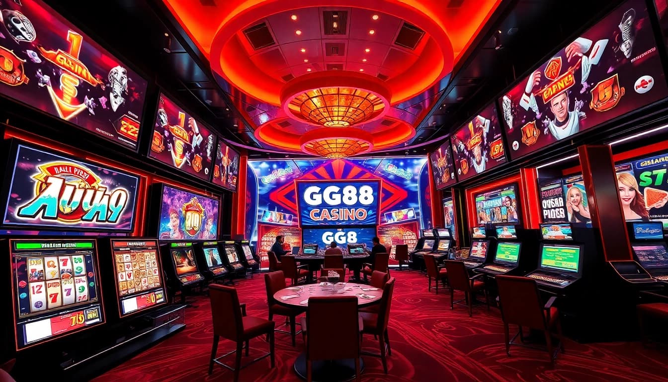 Dynamic online casino scene highlighting Nhà cái GG88 with vibrant gaming interfaces and celebratory avatars.
