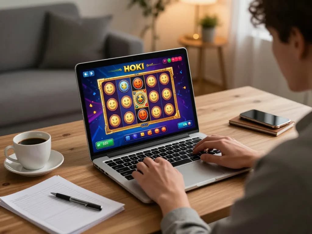 Engaging in online hoki slot gaming on a laptop at home, showcasing vibrant game interface.