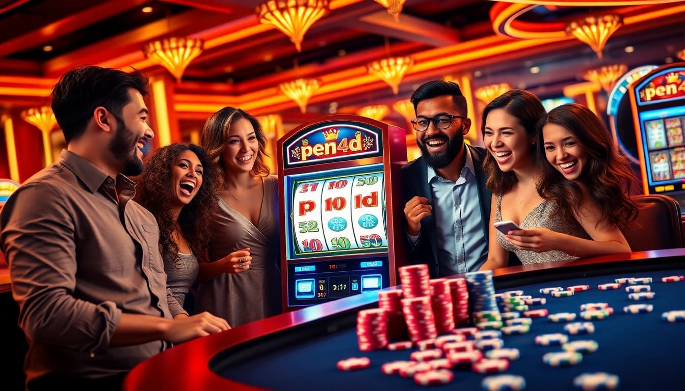 Penned players enjoy vibrant slot games at a modern casino, winning big with pen4d.