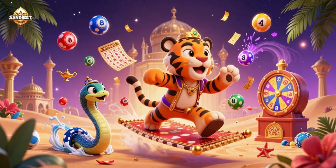 SANDIBET promotion featuring a vibrant casino scene with an Arabian tiger sultan, genie snake, and dynamic lottery balls.