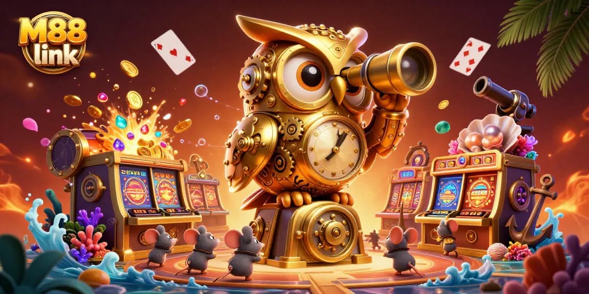 Experience the excitement of M88 link with our vibrant casino illustration featuring an owl and slot machines.