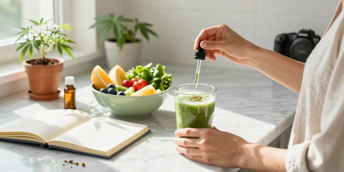 Natural wellness scene with greenhouse THCa flower tincture prominently featured in a vibrant kitchen during smoothie preparation, emphasizing organic ingredients and quality.