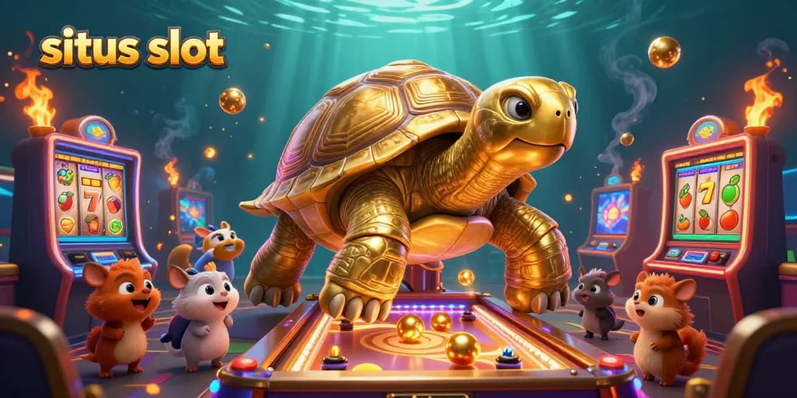 Experience the excitement of situs slot with a vibrant 3D golden tortoise and slot elements in a bustling casino scene.
