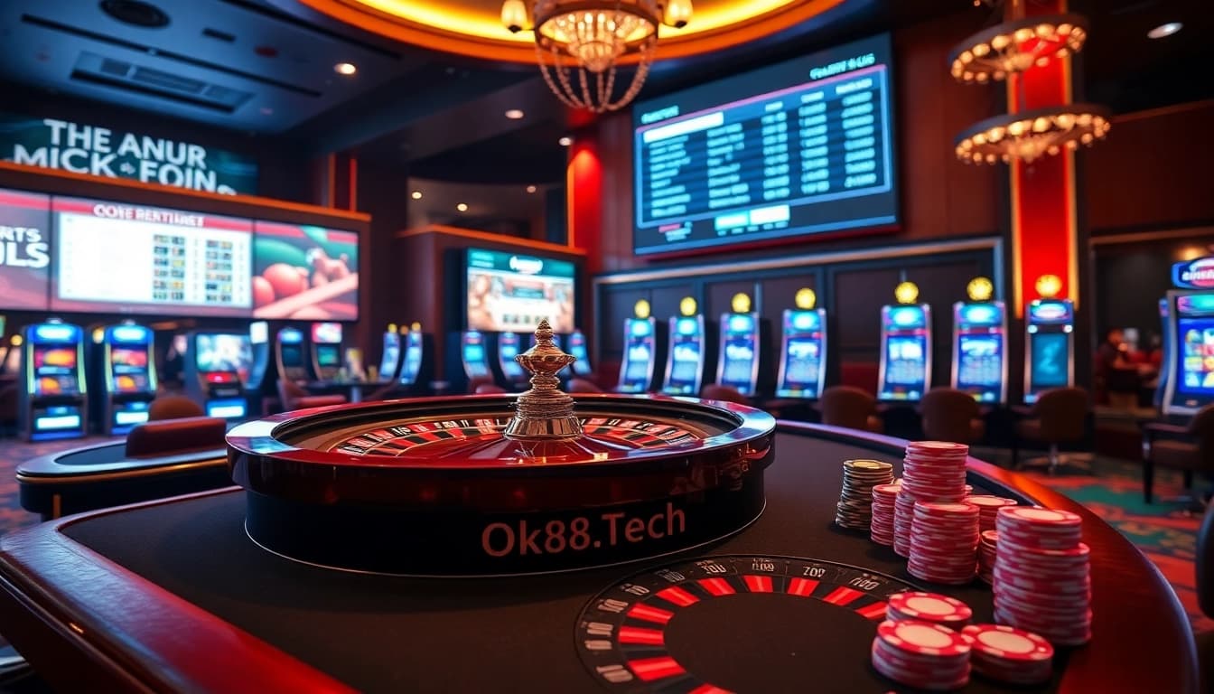 Engage with exciting casino offerings at https://ok88.tech/ featuring poker tables and a sleek roulette wheel.