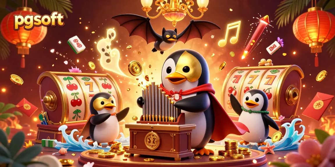 Experience thrilling gameplay with pg soft as a 3D phantom penguin plays the organ, surrounded by dynamic casino elements.