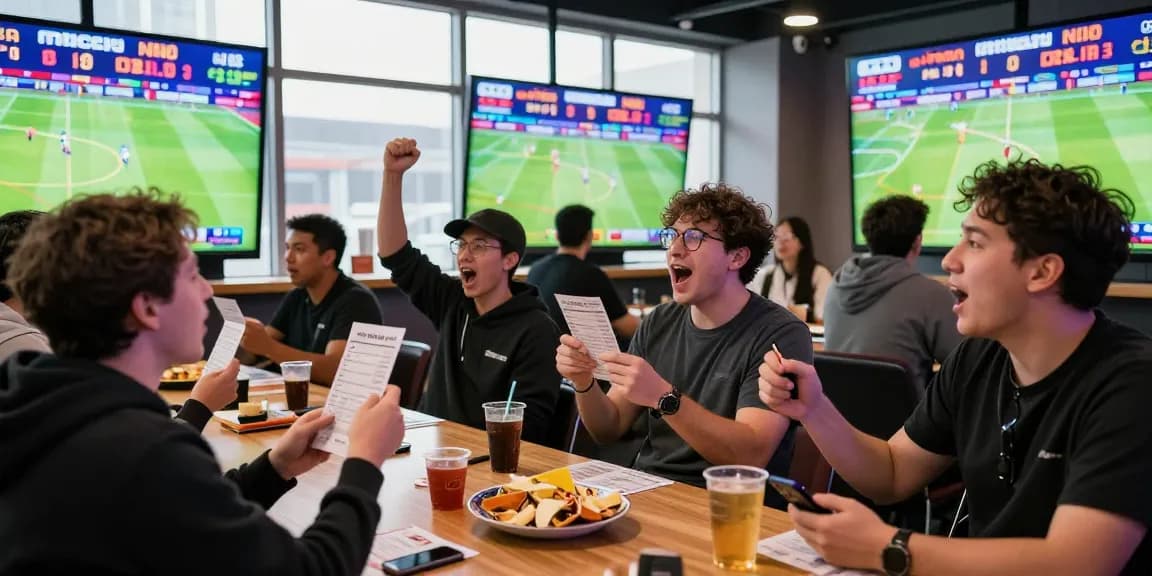 Group of sports fans enjoying live betting with 更多資訊 on odds at a modern venue.