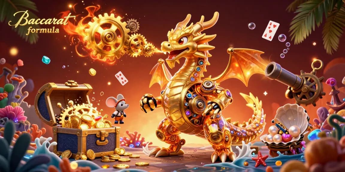Play and master Baccarat formula with a dynamic 3D casino illustration featuring dragons, gold coins, and playing cards.
