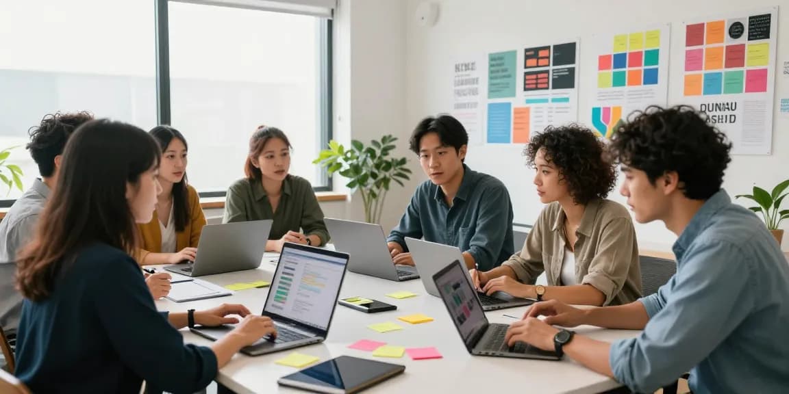 Team collaboration on a mixboard in a vibrant workspace, showcasing creative brainstorming.