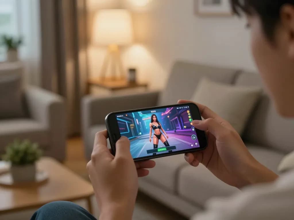 Engaging in an NSFW game on smartphone, dynamic gameplay scene in cozy home setting