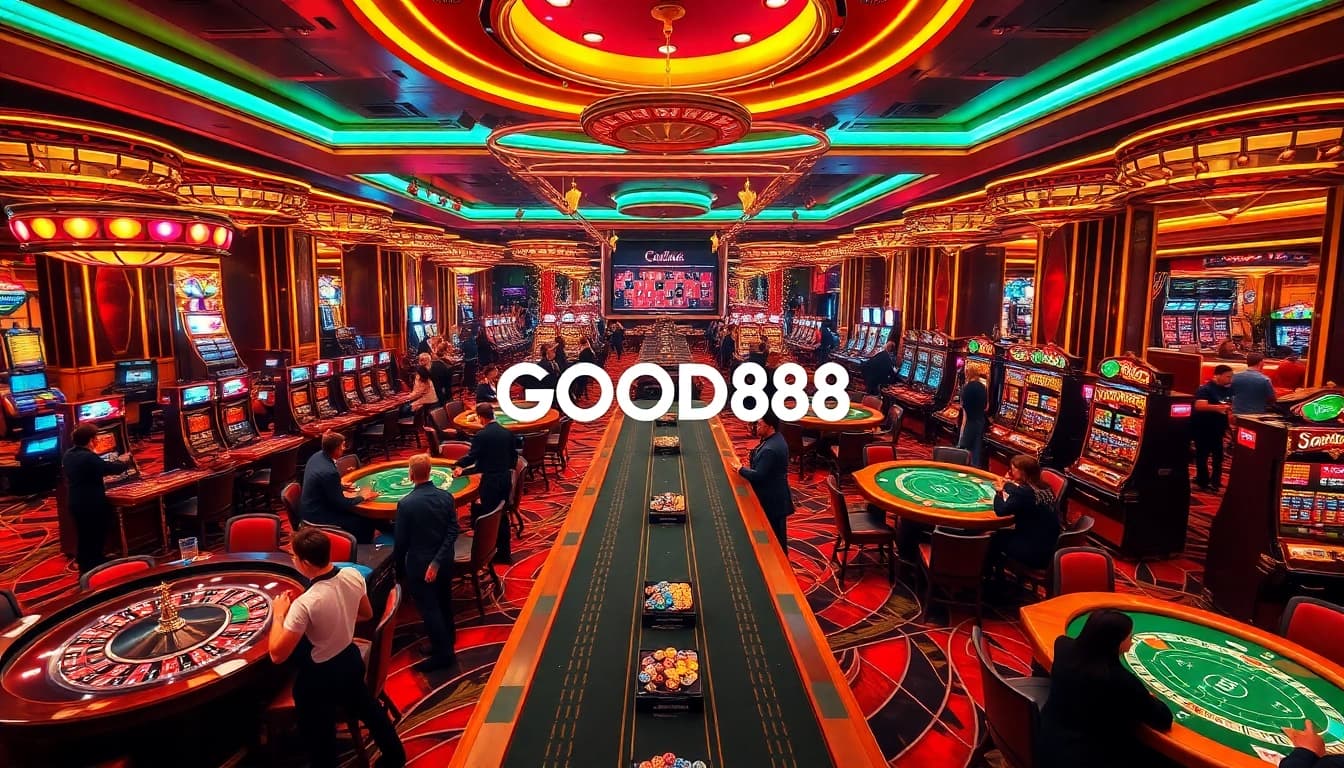 Players enjoying gaming tables at GOOD88 casino, experiencing a thrilling gambling atmosphere.