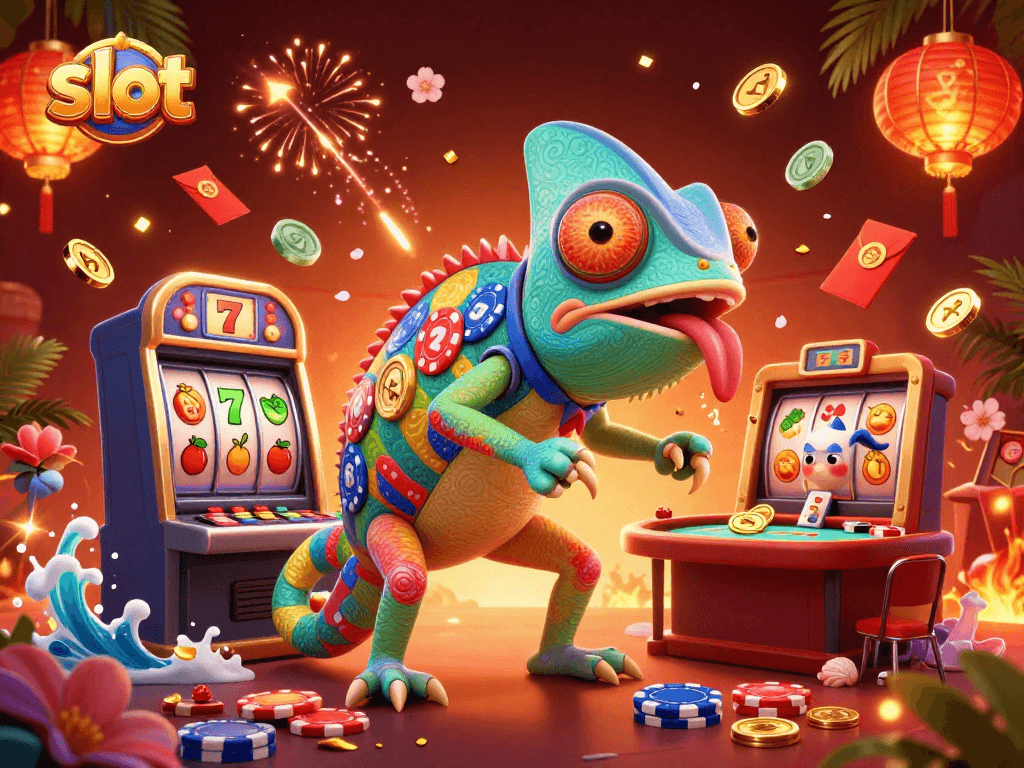 Catch the excitement of slot gaming with a chameleon dealer in a vibrant casino