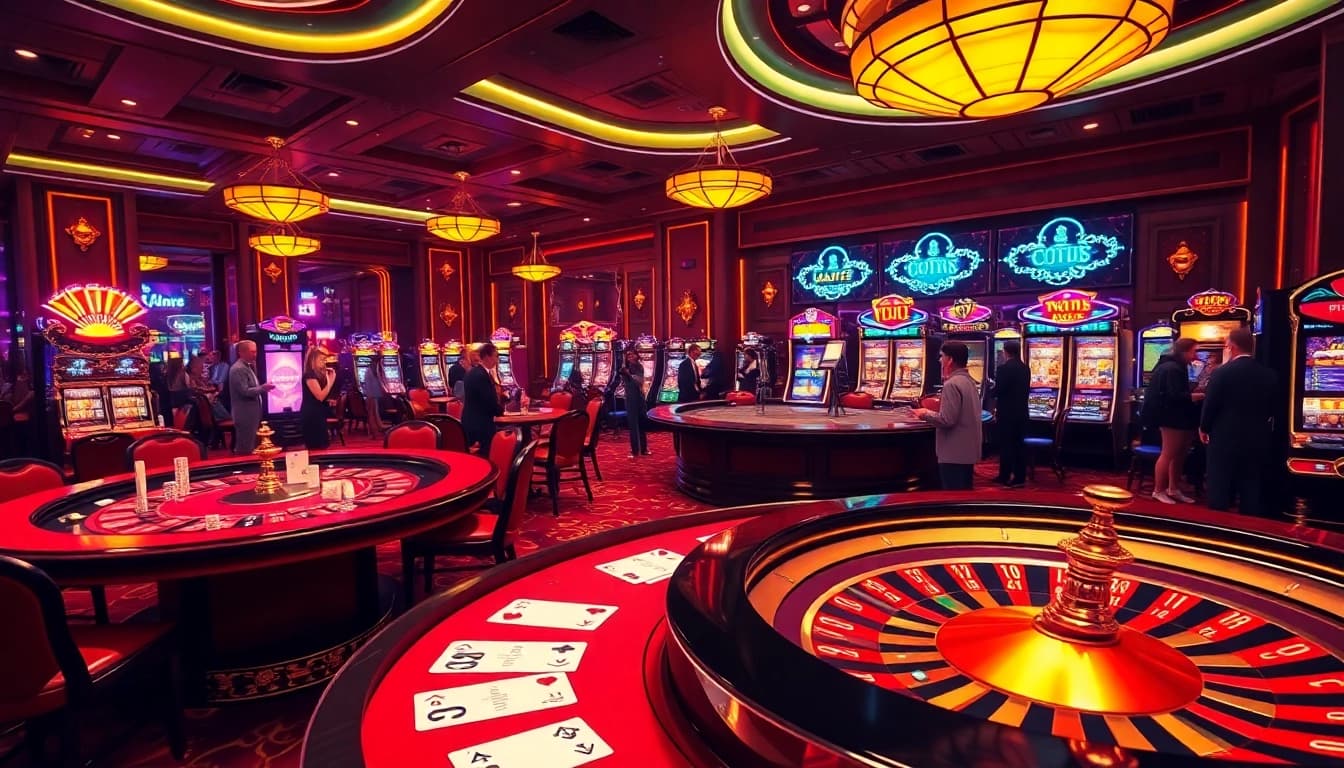Experience the excitement of Trang Chủ 789club with vibrant casino tables and roulette wheels.