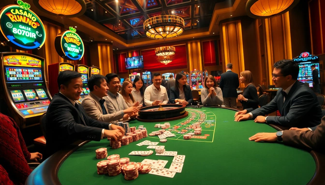 Players enjoying excitement at the top nhà cái poker table amidst vibrant casino lights.