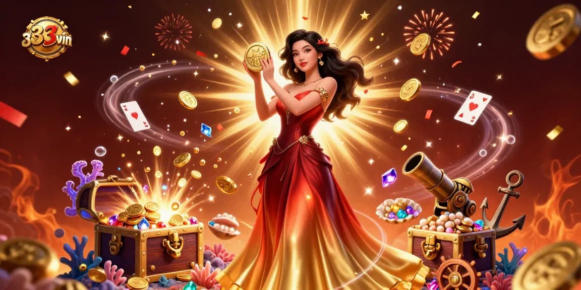 Win big with 33win, featuring a glamorous Asian woman holding a golden coin in a vibrant casino illustration.