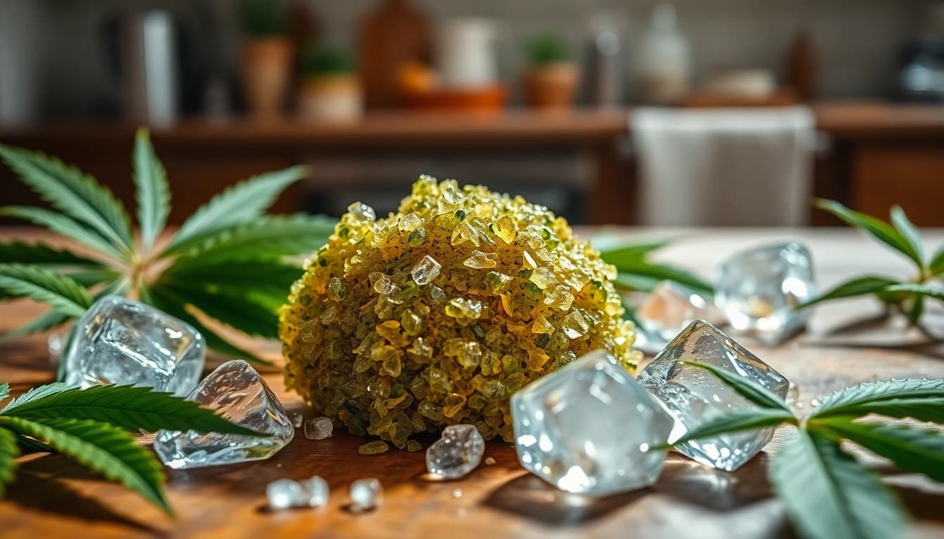 View bubble hash online with vibrant cannabis leaves and ice creating a fresh atmosphere.