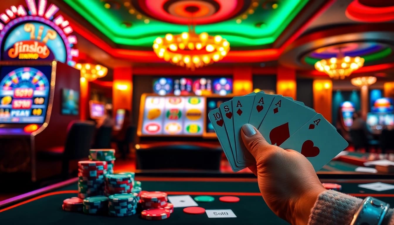 idnslot winning moment in a luxurious casino with slot machines and poker chips.