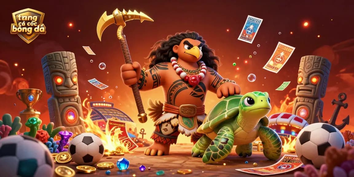 Engage in thrilling sports betting with trang cá cược bóng đá, displayed in a vibrant 3D scene featuring a hawk demigod and charming turtle.