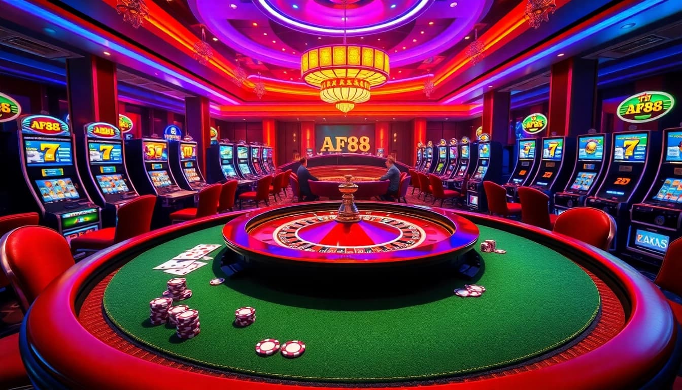 TẢI AF88 and experience the thrill of a luxurious casino with vibrant gaming tables and slot machines.
