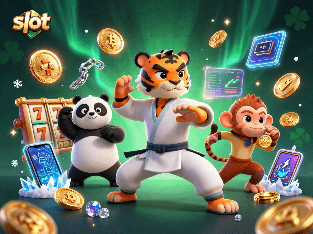 Watch a kung fu tiger master and friends celebrate slots with gold coins and neon elements.