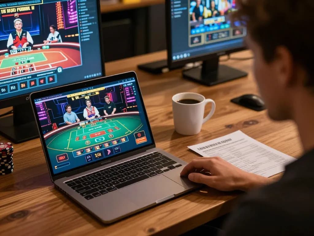 rikvip player engaging in online casino gaming at home with modern setup and live dealer game interface