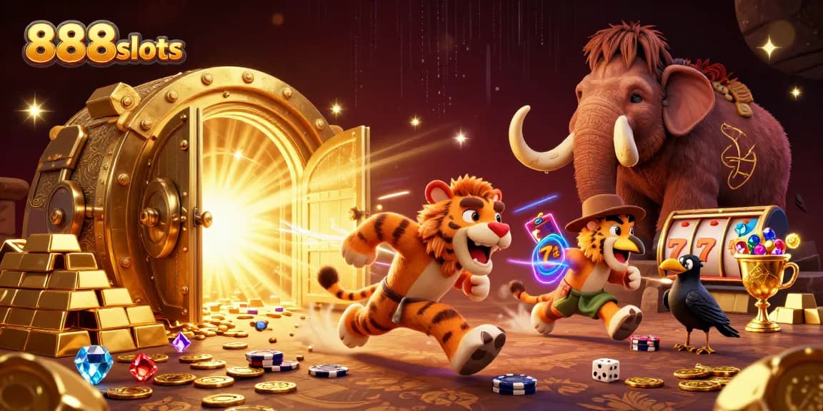 Experience thrilling spins with 888slots in a vibrant prehistoric casino scene.