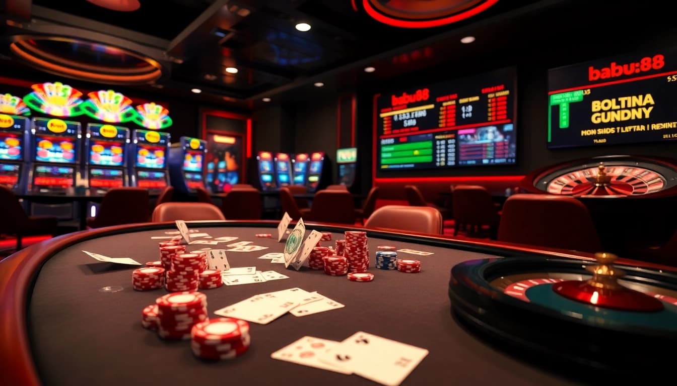 Babu88 thrilling casino experience with poker, roulette, and vibrant digital betting displays.