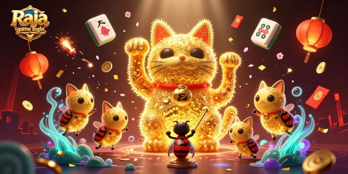 Experience Raja game login with exciting casino gameplay illustrated through a dynamic scene featuring a lucky cat and vibrant elements.