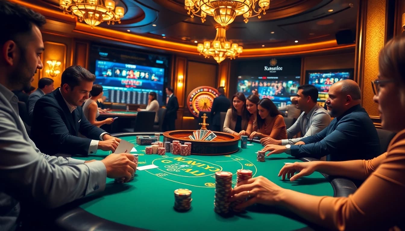 Experience the thrill of high-stakes poker at https://79king.party/, featuring vibrant casino tables and colorful chips.