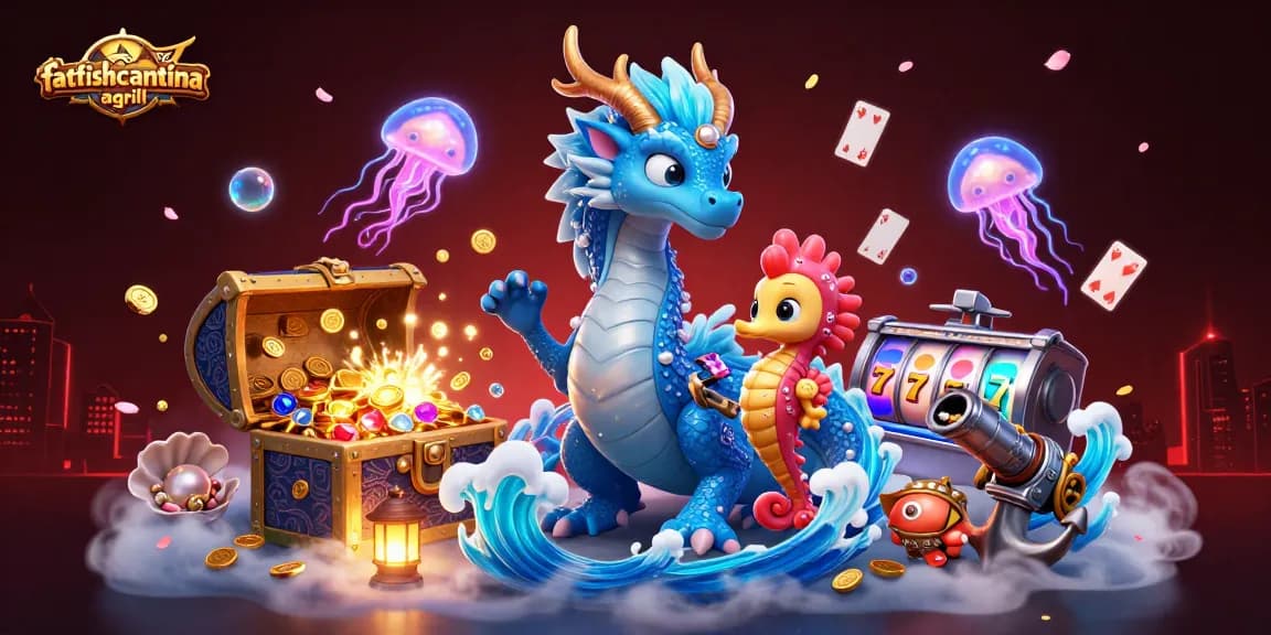 Experience the thrill of fatfishcantinagrill with spinning slot reels and vibrant casino elements.