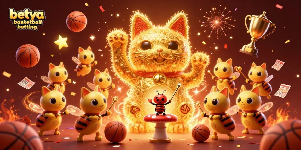 Engage in betya basketball betting with vibrant visuals of a lucky cat and sports elements.