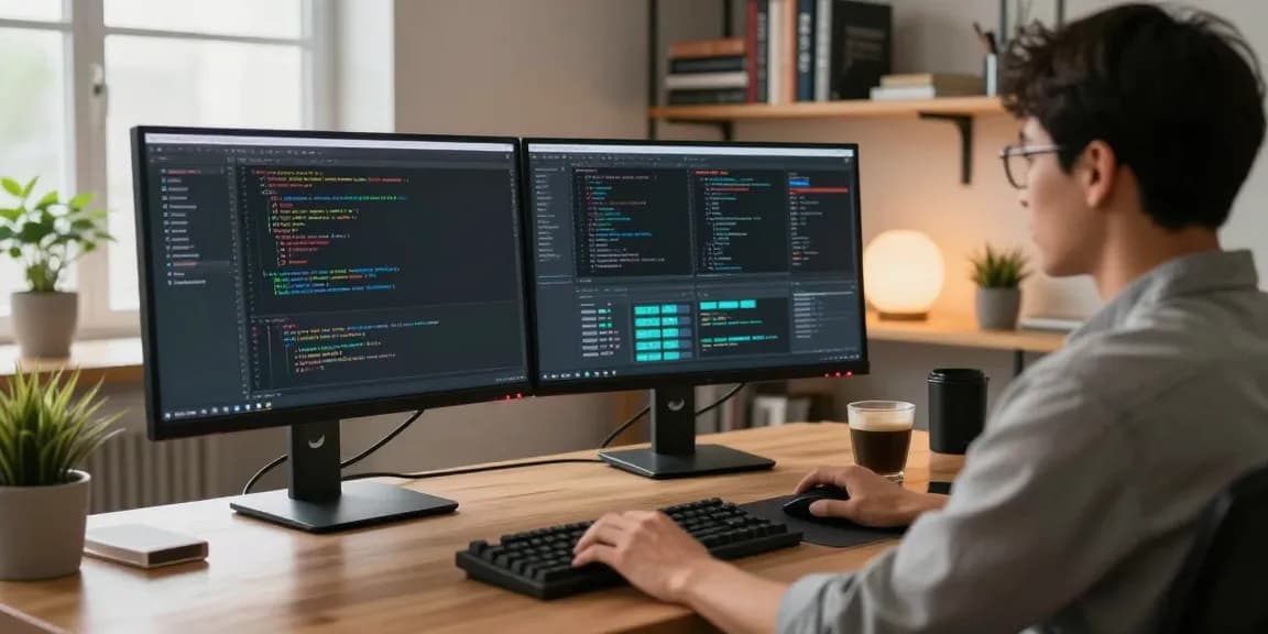KoboldAI developer working on dual monitors in a modern workspace, showcasing innovative AI technology.