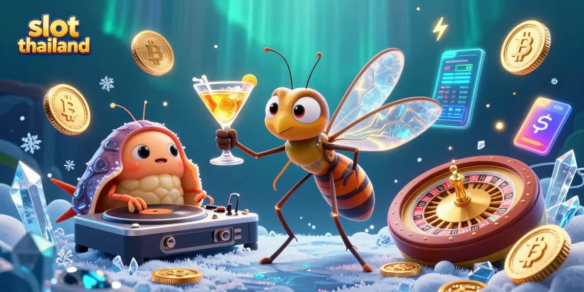 Spin and win with slot thailand featuring a lively scene of a casino mascot, trilobite DJ, and dynamic gameplay elements.