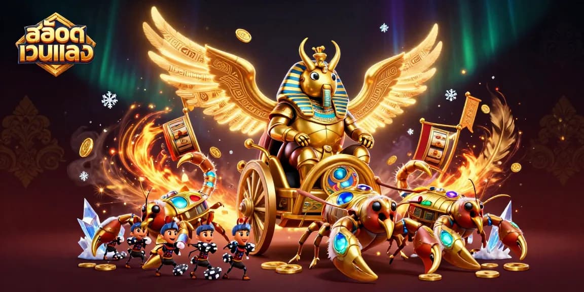 Spin slot reels with สล็อตเว็บตรง in captivating 3D scene with mythical elements and golden treasures.
