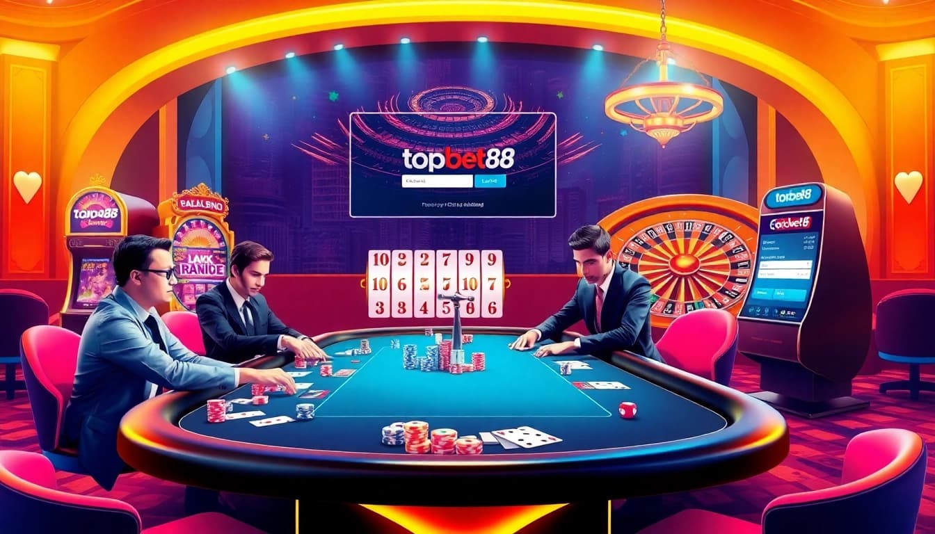 Engaging gamblers at the trang chủ tobet88 with an exciting casino scene featuring poker and slot machines.