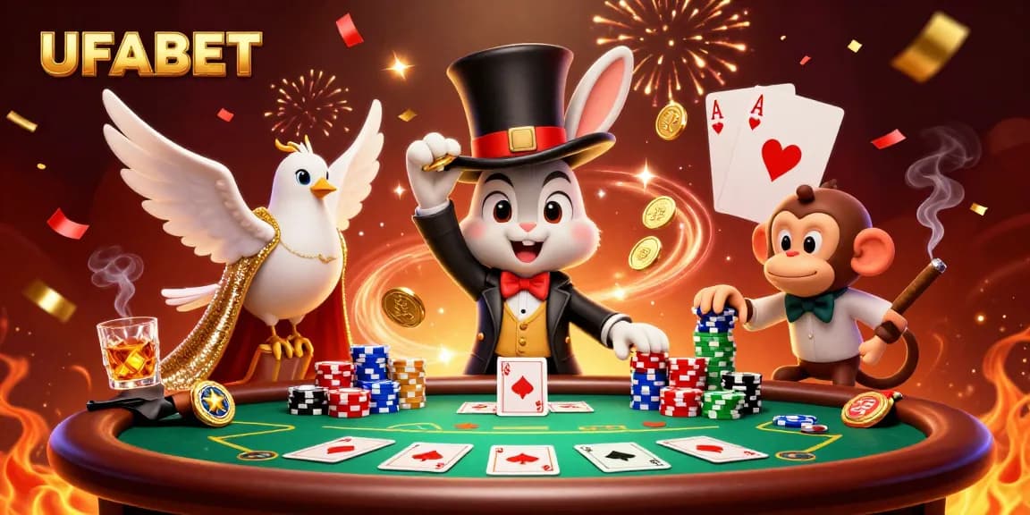 Experience the thrill of UFABET with a lively casino scene featuring magical characters and poker excitement.