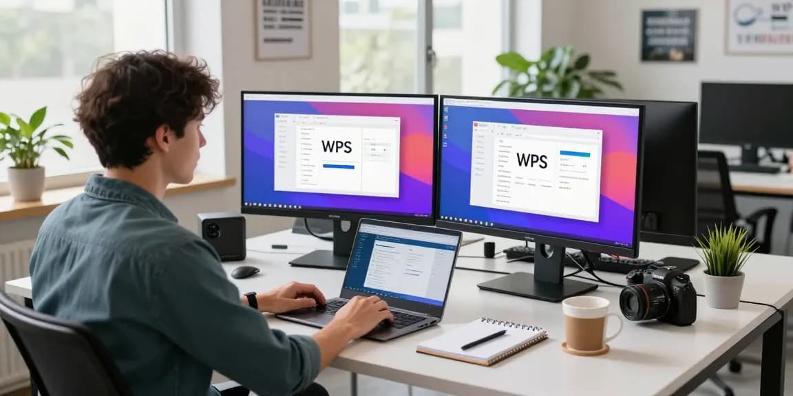 Download WPS Office in modern workspace with developer using laptops and tech gadgets, bright productivity-focused environment.