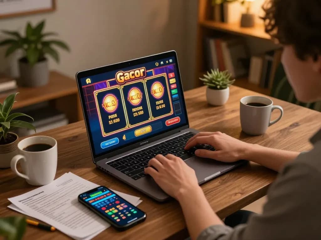 Engaging gameplay on slot gacor at a cozy home desk, showcasing strategy and responsible gaming.